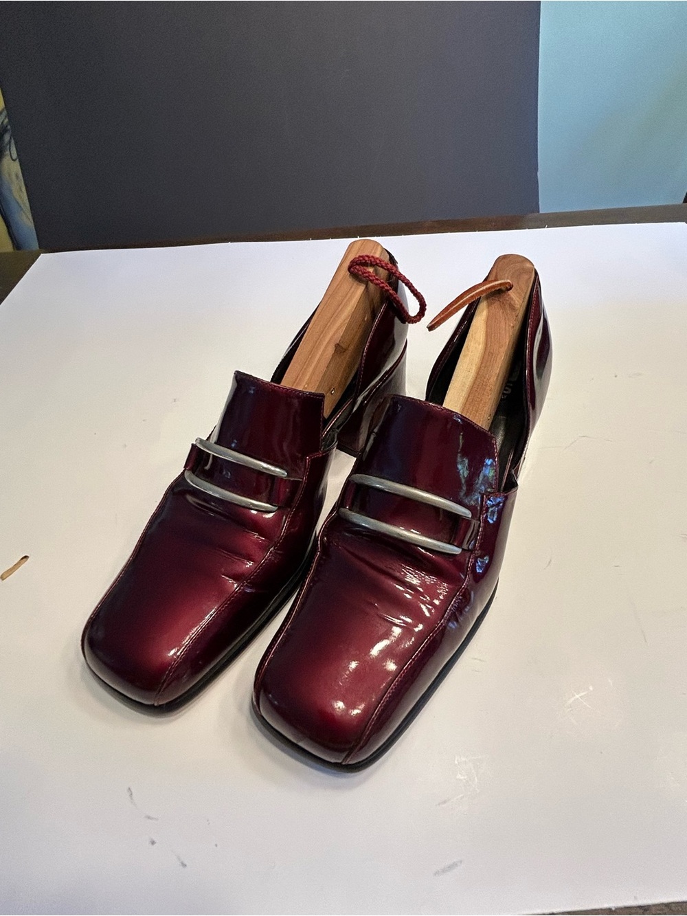 Via Spiga Burgundy Patent Leather Low Heel Loafers